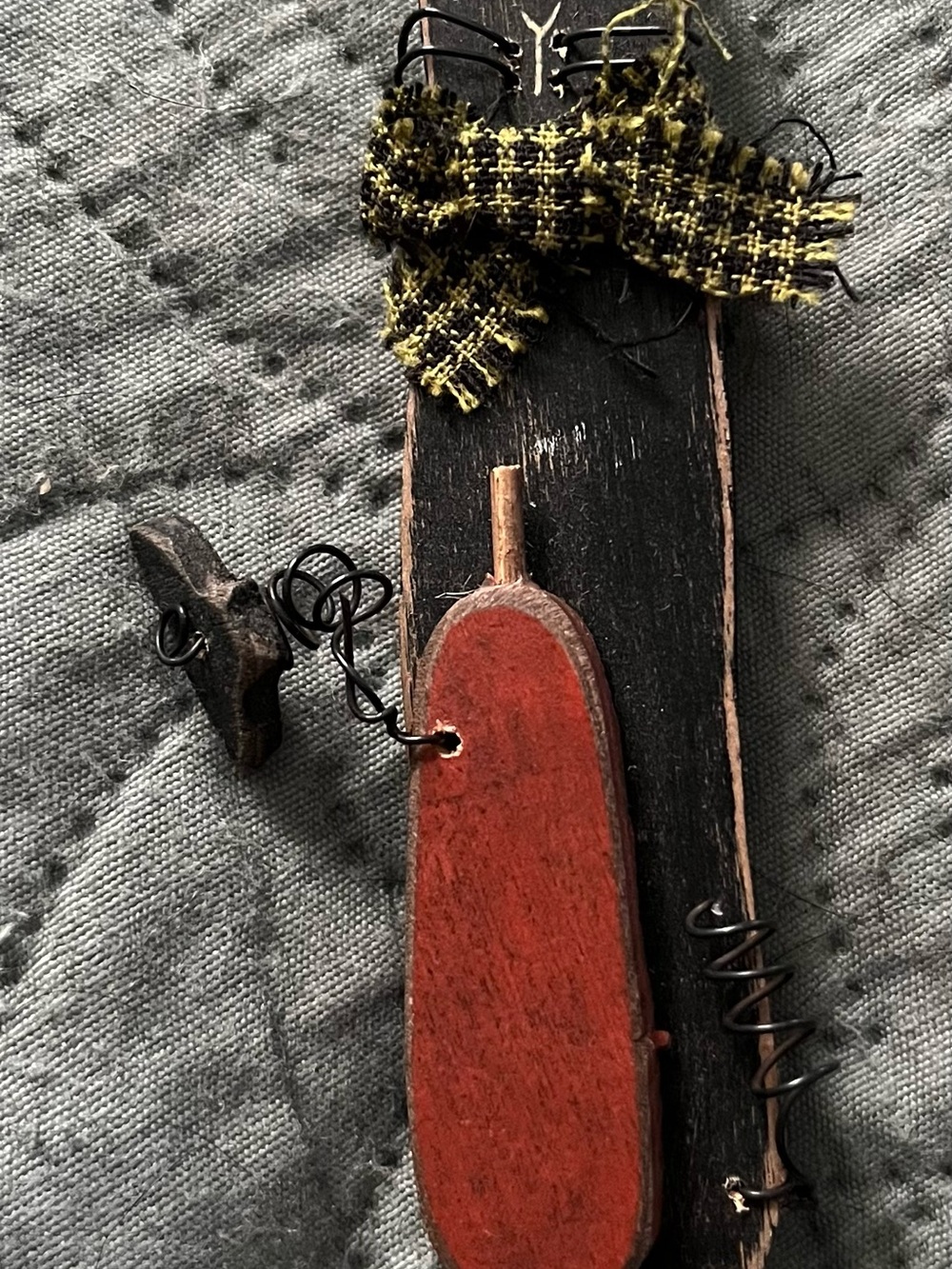 Festive Handcrafted wooden Cat pin with a Bat and a Pumpkin! Primitive Style